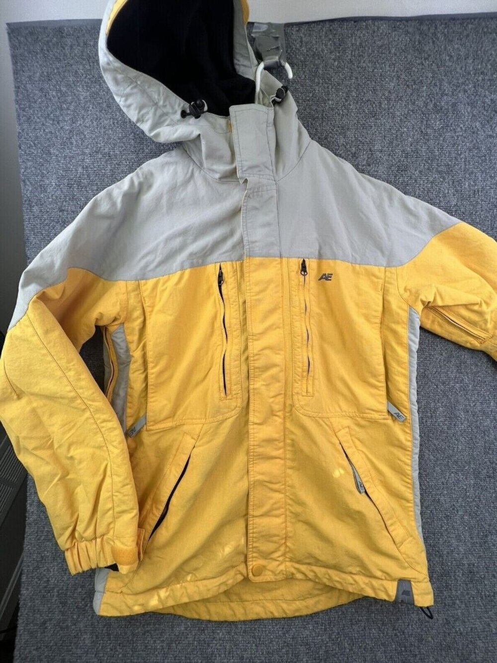 American Eagle Yellow Gray Winter Coat Hooded Full Zip Fleece Lined XS Nylon